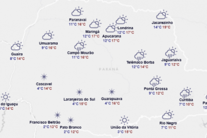 O Simepar prevê a ocorrência de geada de moderada para a região de Palmas, Pato Branco e União da Vitória na divisa com Santa Catarina.