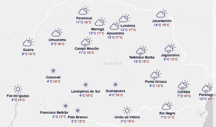 O Simepar prevê a ocorrência de geada de moderada para a região de Palmas, Pato Branco e União da Vitória na divisa com Santa Catarina.