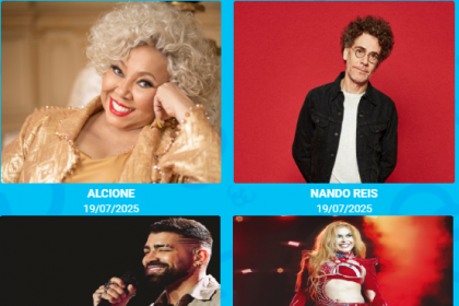 De Gilberto Gil, Alcione e Nando Reis, além do Festival Crossroads, dedicado ao Dia Mundial do Rock. 