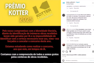 A Editora Kotter, de Curitiba, anunciou o cancelamento do "Prêmio Kotter 2025" após o recebimento de inscrições de obras geradas por Inteligência Artificial (IA).