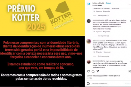 A Editora Kotter, de Curitiba, anunciou o cancelamento do "Prêmio Kotter 2025" após o recebimento de inscrições de obras geradas por Inteligência Artificial (IA).