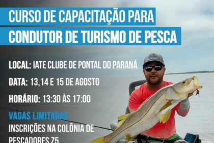 Nos dias 13, 14 e 15 de agosto, moradores de Pontal do Paraná poderão participar do Curso de Capacitação de Condutor para Turismo de Pesca, voltado à qualificação de profissionais que já atuam ou desejam ingressar no turismo de pesca esportiva.
