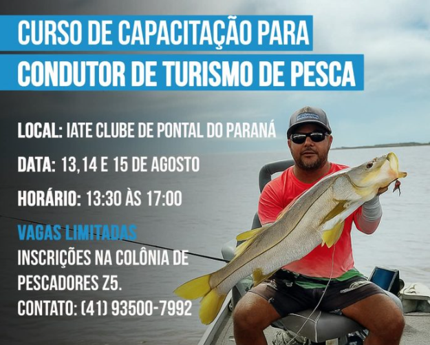 Nos dias 13, 14 e 15 de agosto, moradores de Pontal do Paraná poderão participar do Curso de Capacitação de Condutor para Turismo de Pesca, voltado à qualificação de profissionais que já atuam ou desejam ingressar no turismo de pesca esportiva.