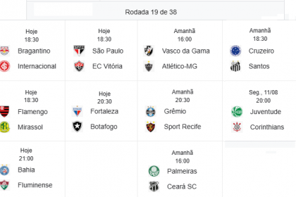 A 19ª rodada começa neste sábado, passa pelo domingo e vai até segunda-feira com final do 1º turno do Brasileirão.