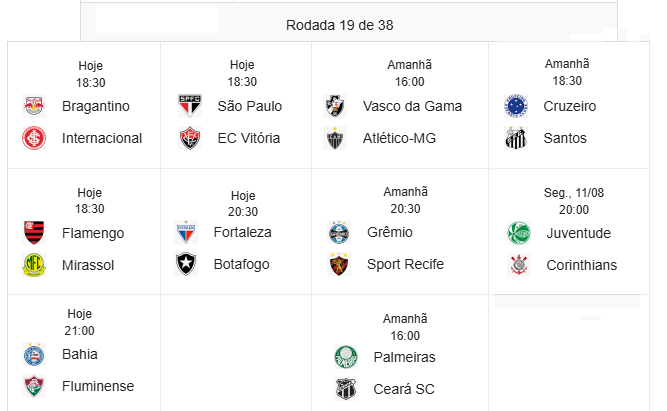 A 19ª rodada começa neste sábado, passa pelo domingo e vai até segunda-feira com final do 1º turno do Brasileirão.